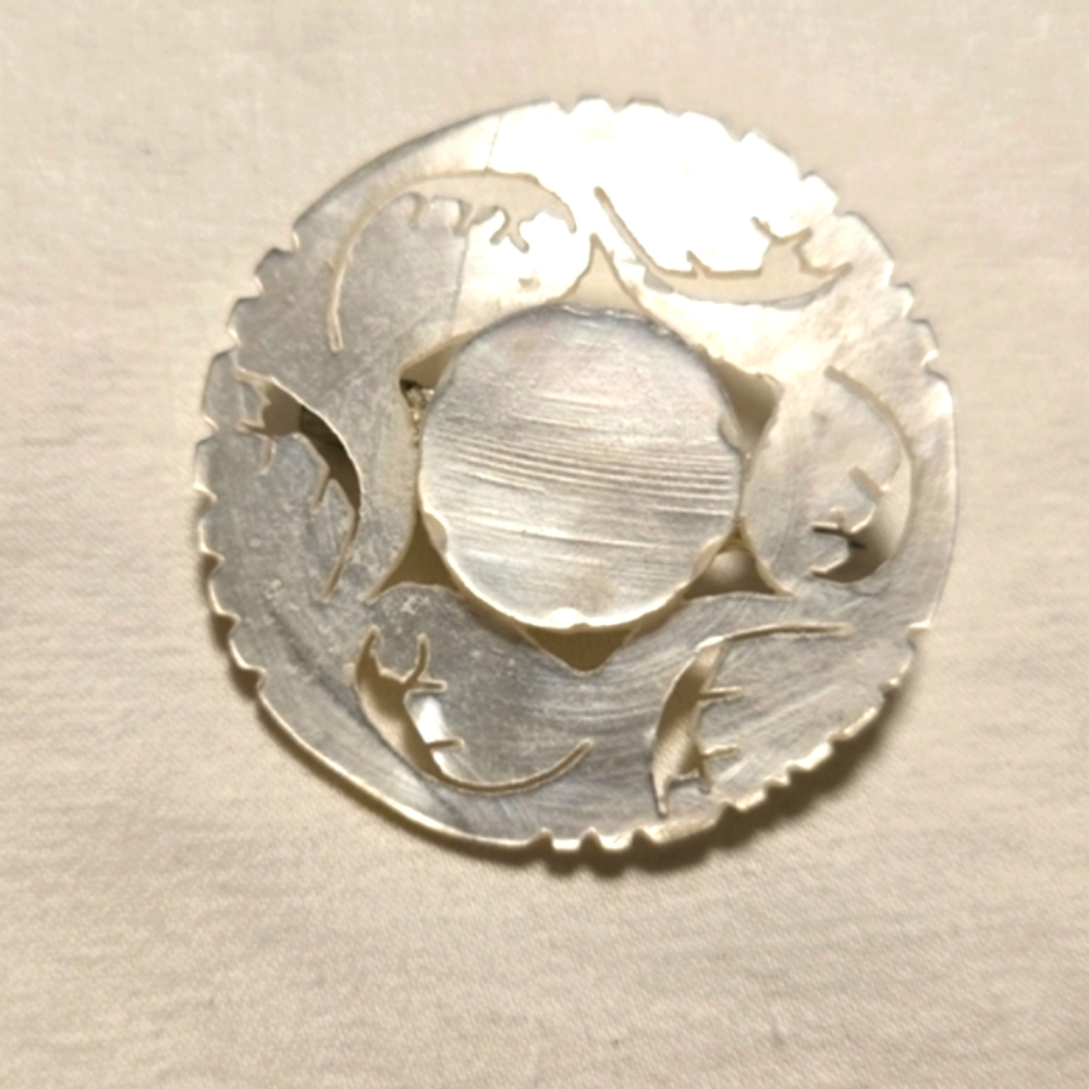 Vintage Bethlehem Carved Shell Mother of Pearl Abalone Round Center Pin Brooch